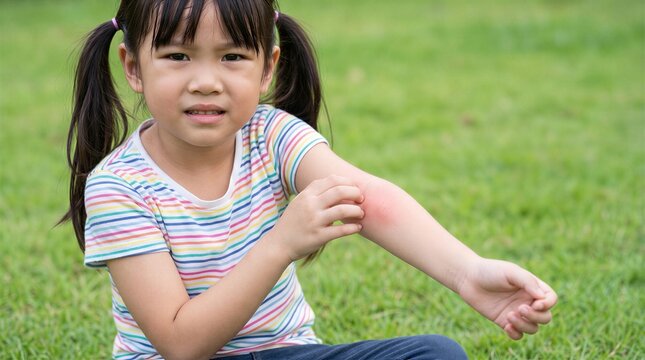 Asian child experiences skin irritation and discomfort from an insect bite or allergy while sitting outdoors on the lawn.