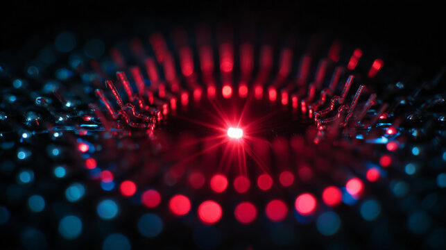 Ai Light reflecting from a central point with red and blue patterns in a dark setting highlighting geometric shapes