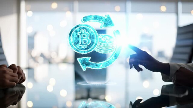Digital bitcoin cryptocurrency exchange with circular arrows and coin stack in corporate office. Blockchain crypto trading and decentralized currency transaction for global financial investment