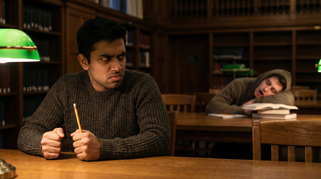 Man annoyed by student snoring in library. Angry guy irritated by sleeping classmate making noise. Academic challenge and social conflict in university study hall. Focus and concentration.