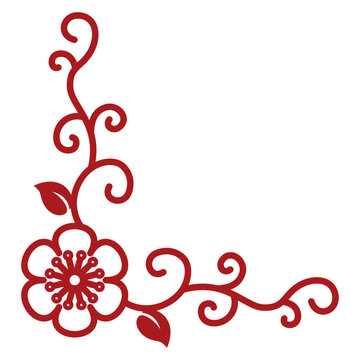 Red floral corner ornament with swirling vines. Decorative element of blossoming plum or cherry, isolated on white. Vector illustration