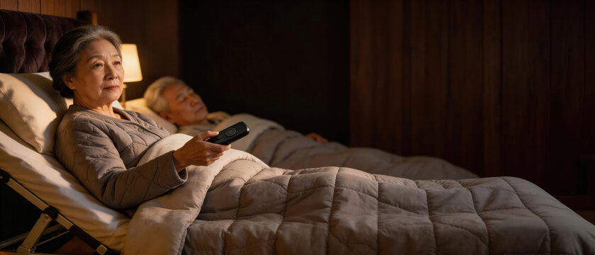 Senior woman sitting in bed while man sleeps and snores loudly. Older wife disturbed by partner snoring in bedroom at night. Sleep disorder, apnea and health issues in elderly couple.