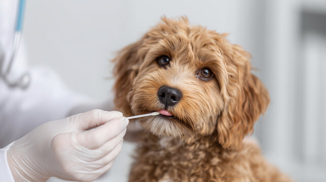 Genetic DNA Testing for Pets: Close-up of Owner Taking a Saliva Cheek Swab from a Relaxed Dog