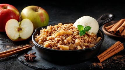 Fototapeta premium Delicious apple crisp served in a bowl with ingredients on a black table, close-up view.