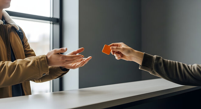 Customer receiving orange plastic card at service counter