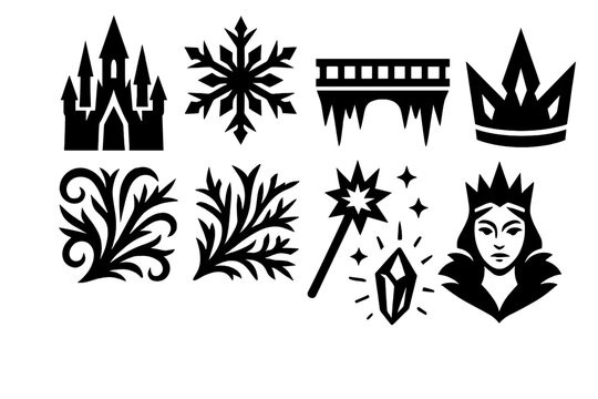 Frozen Icon Fantasy. Frozen Fantasy silhouette set: ice castle, crystal snowflake, frozen bridge, icy crown, frost pattern, ice wand, snow queen, glowing crystal