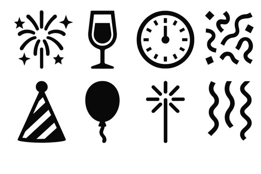 Bold New Year Icons. New Year Celebration silhouette set: fireworks, champagne glass, clock striking midnight, confetti, party hat, balloon, sparkler, streamers