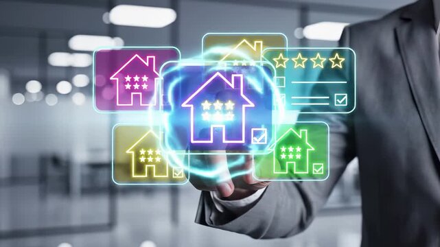Real estate digital property rating and selection interface with house icons and star reviews. Smart home buying and rental evaluation platform for modern investment and market comparison