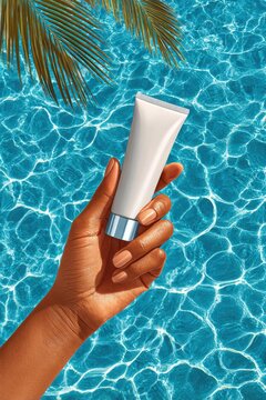 Hand holding white cosmetic tube over shimmering swimming pool water, summer skincare and sunscreen concept