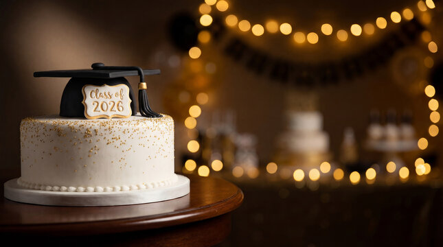 White cake with mortarboard topper for 2026 graduation celebration. Decorated dessert with gold sprinkles on wooden table. Festive school party concept, academic achievement feast.