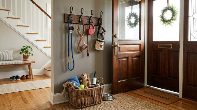 Cozy entryway with pet supplies organized, inviting atmosphere and thoughtful design against a welcoming home backdrop