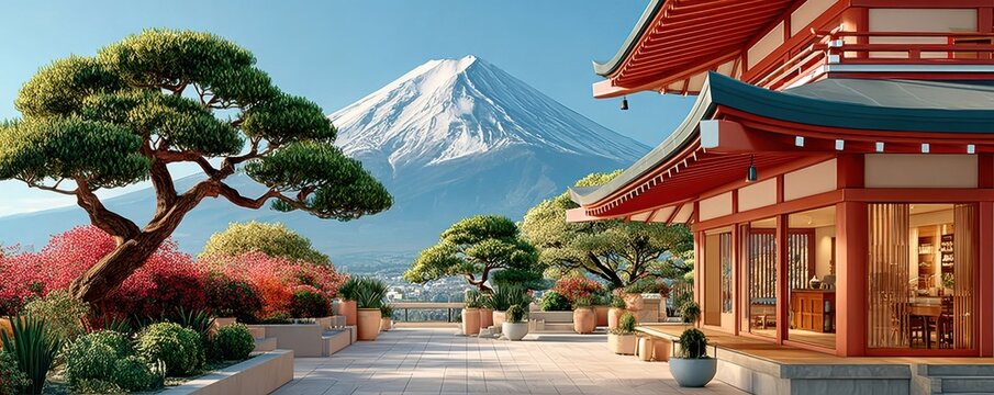 Serene Japanese temple terrace with Mount Fuji view, bonsai trees and flowering gardens at sunrise