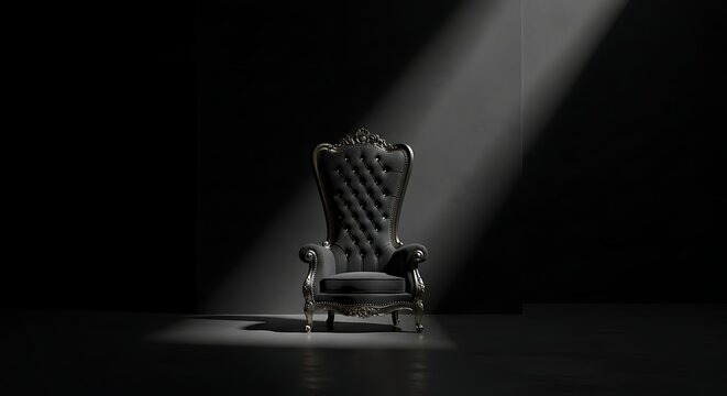 Throne in Darkness: An antique throne sits majestically center stage, bathed in a dramatic beam of light against a deep, enveloping darkness.