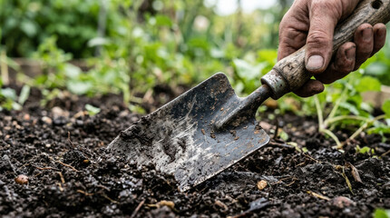 Fototapeta premium A gardener carefully working with a hand trowel in soil, showcasing dedication and care in the garden with a blurred natural background