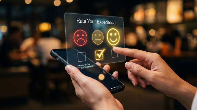 Person Using Smartphone with Holographic Emoji Satisfaction Rating Survey Interface