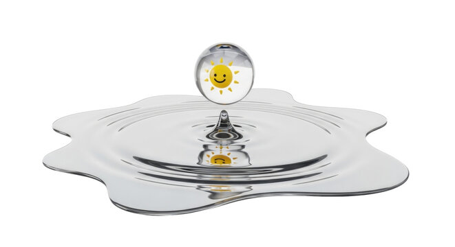 Water droplet with smiling sun reflection