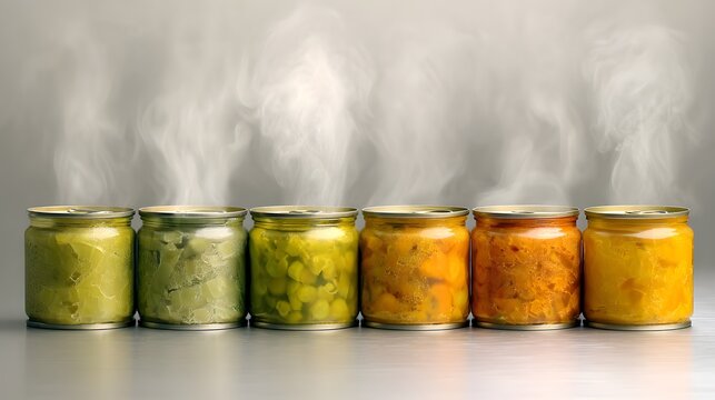 Steaming glass jars with vibrant preserved contents