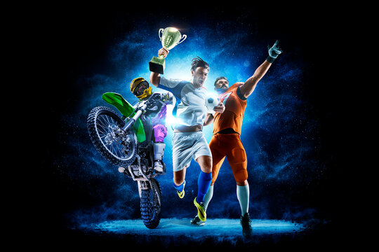 A joyful collage of several sports. Multi-sport collage depicting various sports and hobbies. Isolated on a black. Athletes on a beautiful black background with a flash of light behind them.
