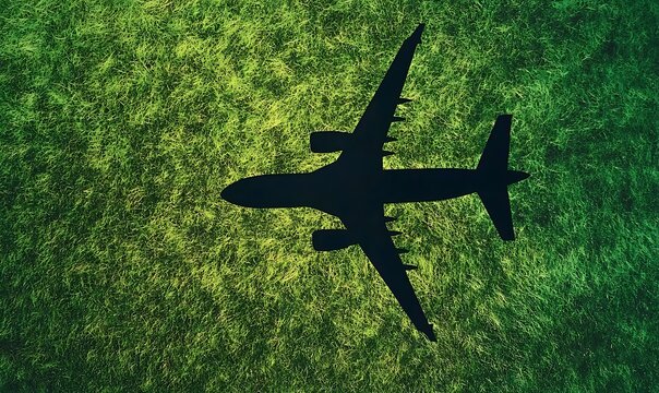 Airplane silhouette flying over textured green grass field top down view travel flight aviation.
