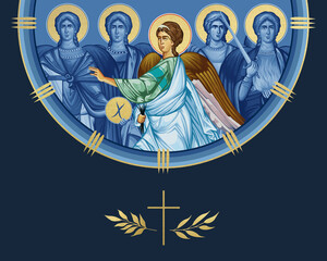 Fototapeta premium Archangel Gabriel and four cardinal points. Illustration in Byzantine style isolated