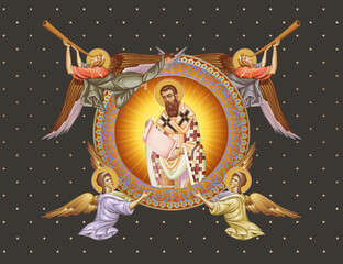 Fototapeta premium Gregory Palamas. Decorative vintage illustration with angels in Byzantine style