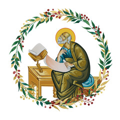 Fototapeta premium John the Apostle. Decorative vintage floral wreath, illustration in Byzantine style isolated