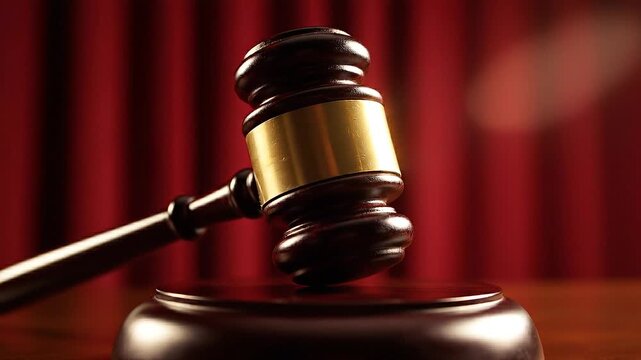 Judges gavel and sound block on wooden table with red theater curtain