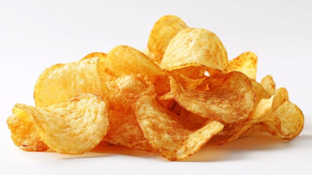 Heap of potato chips on a white background.