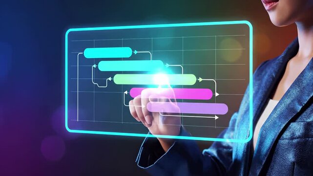 Businesswoman interacts with glowing digital flowchart on virtual touchscreen. Business process management workflow and strategy planning with futuristic interactive interface technology