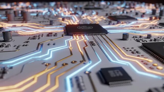 Illuminated circuit board with glowing microchip and electronic components in view. Computer hardware technology and semiconductor engineering for digital data processing