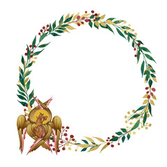 Fototapeta premium Decorative vintage floral wreath with Luke the Evangelist physician symbol, illustration in Byzantine style isolated