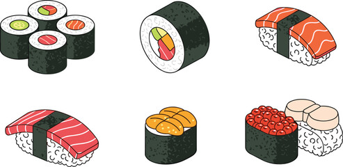 Sushi Icon Set Featuring Various Rolls, Fish, and Sushi Types for Japanese Cuisine and Food Graphic Designs © Kamal