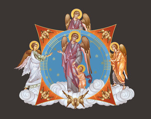 Fototapeta premium Guardian angel with a kid. Illustration in Byzantine style with angels and seraphim