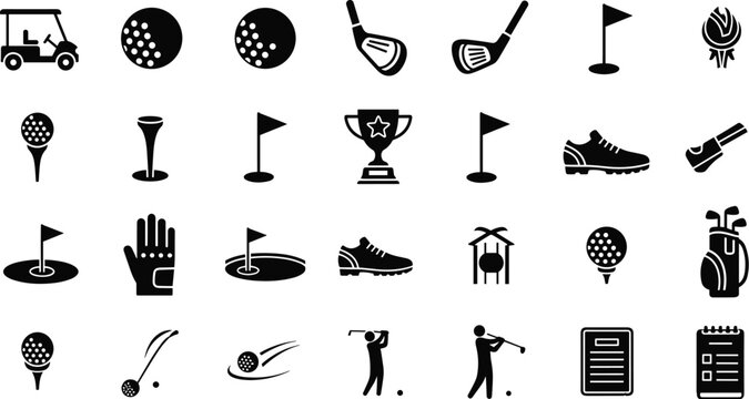 Golf Icon Set Featuring Clubs, Balls, Flags, Trophies, and Gear for Sports, Golf Tournament, and Recreation Graphic Designs