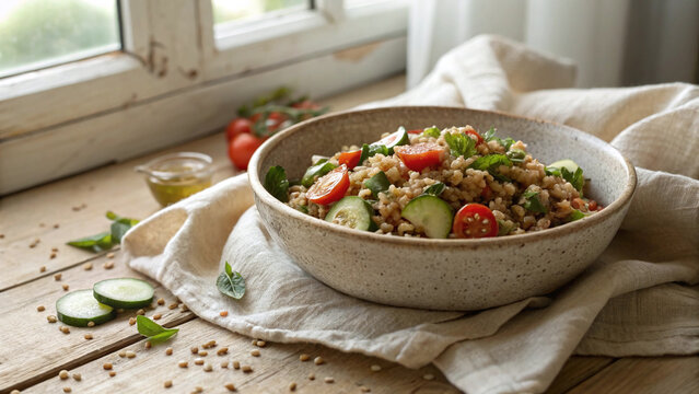 Photorealistic farro salad served rustic stone bowl with vegetables herbs olive oil dressing Mediterranean style