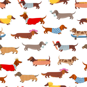 Seamless dachshund pattern with cute dogs in outfits and activities. Flat vector illustration of sausage dogs in playful scenes, perfect for fabric, wrapping paper or kids designs.