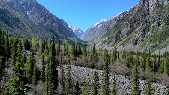 Tranquil Mountain Valley Beneath Distant Mountain Peaks With Rocky Riverbed And Lush Meadows
