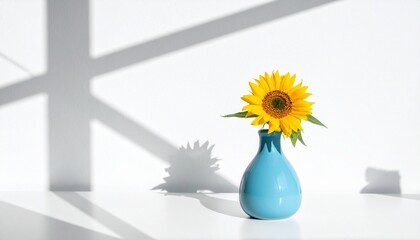 Bright yellow sunflower in a vibrant turquoise vase casts playful shadows on a white background. © Tahir