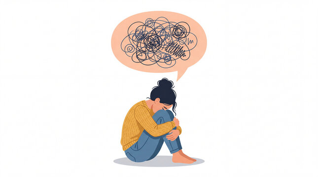 Sad Woman Sitting Curled Up with Tangled Thought Bubble Representing Anxiety and Stress