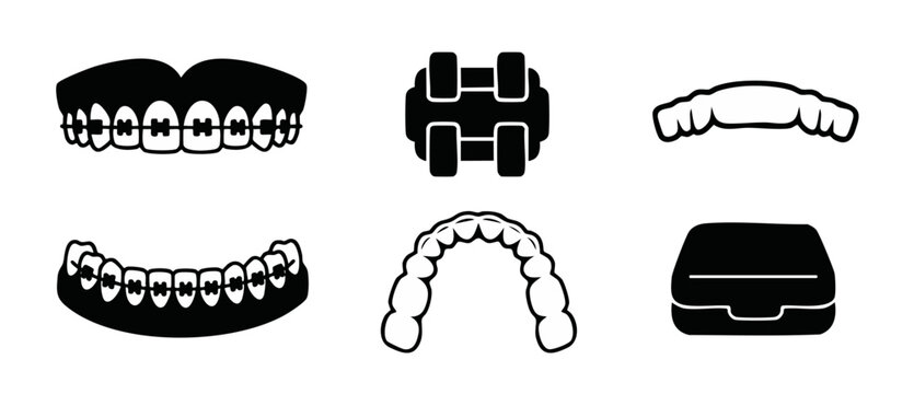 Dental Braces and Teeth Aligners Icon Set, Orthodontic Treatment Vector Symbols for Dentistry Clinic Branding, Invisible Retainers and Oral Hygiene Equipment Isolated on White Background for Professio