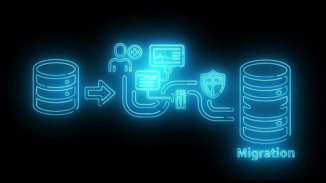 Neon-lit illustration of data migration from one server to another with glowing blue lines and icons on a black background.