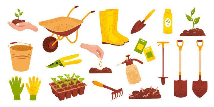 Large agriculture and gardening collection with tools, compost, seedlings, watering equipment and farm supplies. Organic farming kit, eco garden elements vector set