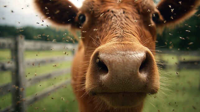Natural daylight portrait of a brown cow muzzle with a fly swarm over the grassland