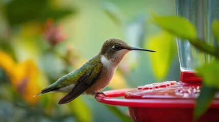 Fototapeta premium Nature scene: hummingbird at a backyard feeder, droplets of nectar in sunlight