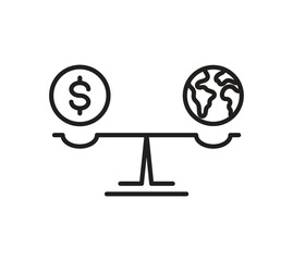 Globe and dollar coin on balance scale for global economy icon © Tornado design