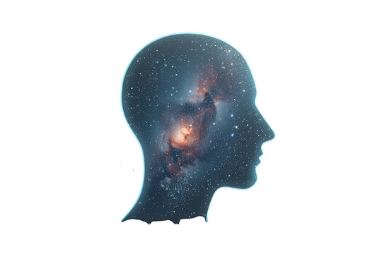 Human head silhouette showing cosmic consciousness, universe imagination, mind full of stars and exploding nebula