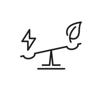 Lightning bolt outweighing leaf on balance scale for sustainable energy icon