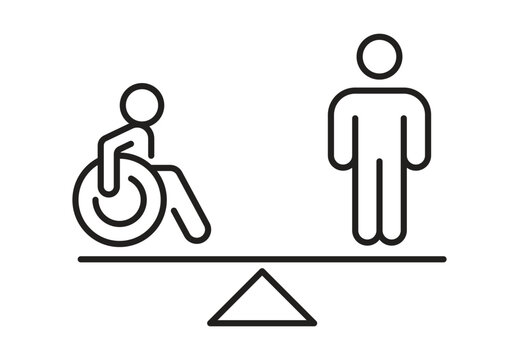 Person in wheelchair and standing person on balance scale for equality icon
