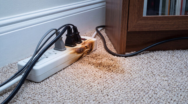 Burned electrical power strip on carpet. Dangerous overloaded socket causing house fire hazard. Home safety risk due to faulty equipment and overheating electronic appliance connection.