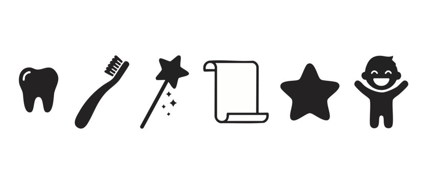 Tooth Fairy Icons Set, Dental Care Symbols, Toothbrush, Magic Wand, Reward Star, Happy Child Illustration for Pediatric Dentistry, Kids Oral Hygiene and Teeth Health Education Graphic Elements Black S